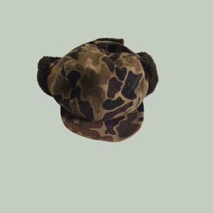Woolrich Vintage Duck Camo Wool Gore-Tex Hunter Hat Brown Faux Fur Trim Mens L